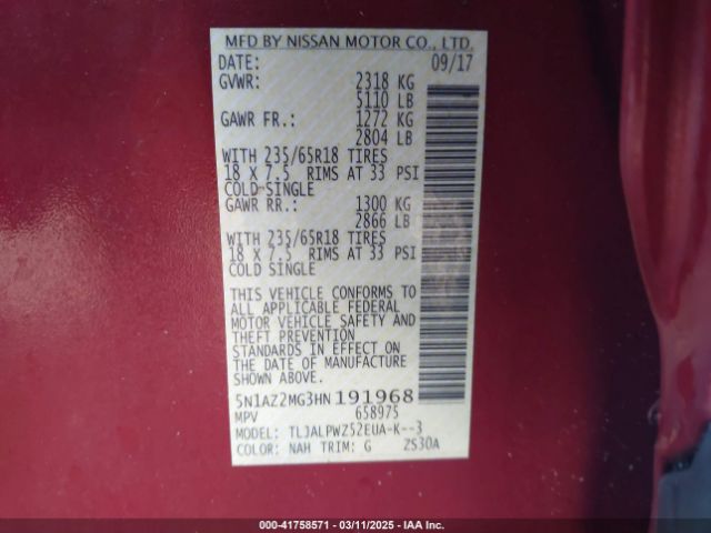 5N1AZ2MG3HN191968 Nissan MURANO S