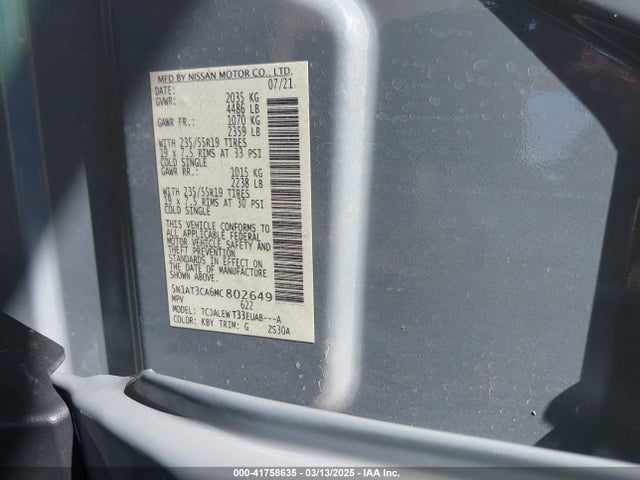 5N1AT3CA6MC802649 Nissan Rogue Sl Fwd