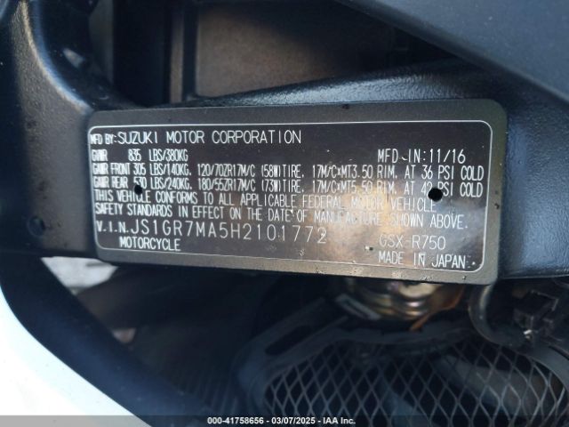 2017 SUZUKI GSX-R750 JS1GR7MA5H2101772 Photo 9