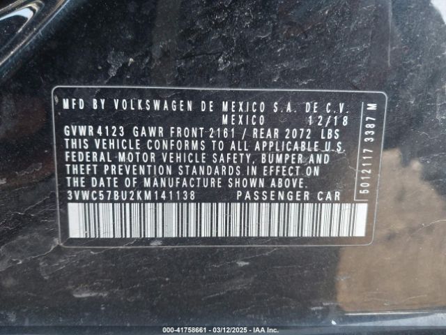 3VWC57BU2KM141138 Volkswagen Jetta 1.4t R-line/1.4t S/1.4t Se