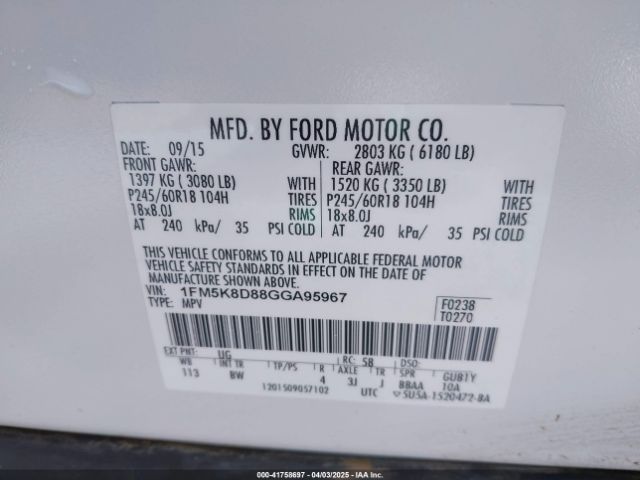 1FM5K8D88GGA95967 Ford EXPLORER XLT