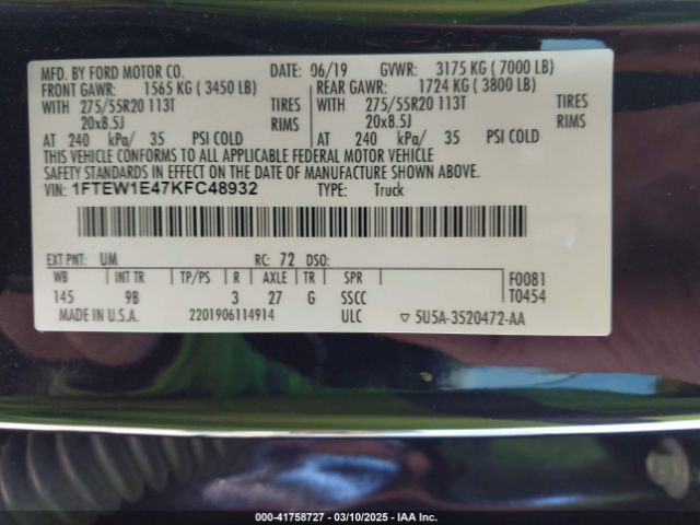 1FTEW1E47KFC48932 Ford F-150 Platinum