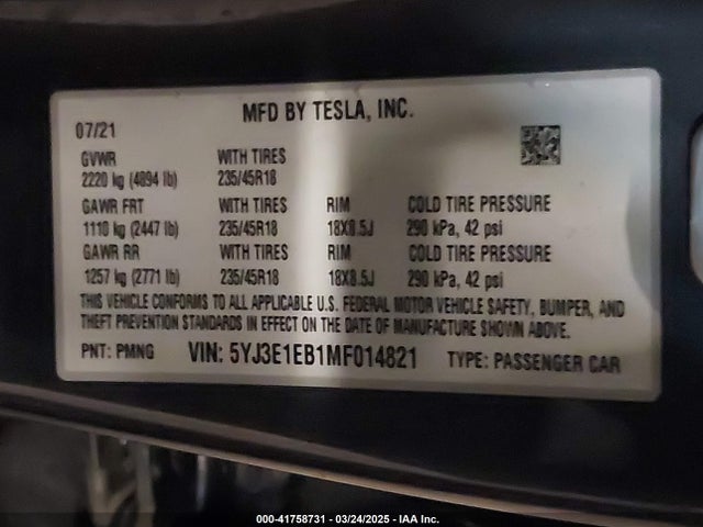 2021 TESLA MODEL 3 5YJ3E1EB1MF014821 Photo 8