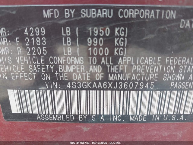 4S3GKAA6XJ3607945 Subaru Impreza 2.0i