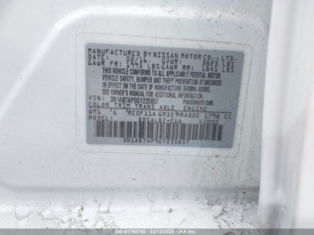 3N1AB7AP9GY235857 Nissan Sentra Fe+ S/s/sl/sr/sv