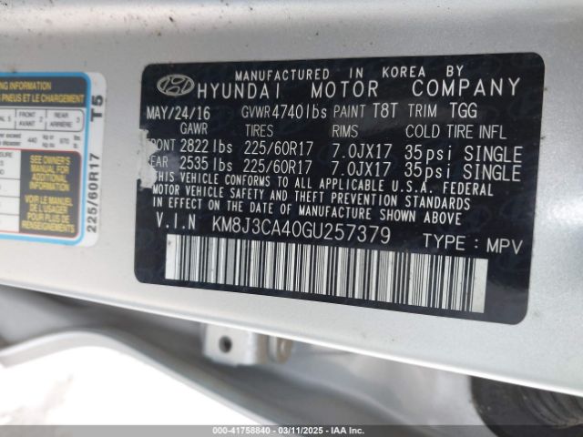 KM8J3CA40GU257379 Hyundai TUCSON SE