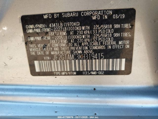 JF2GTAMC3KH319415 Subaru Crosstrek 2.0i Limited