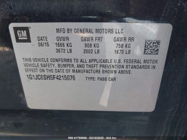 1G1JC6SH5F4215076 Chevrolet Sonic Lt Auto