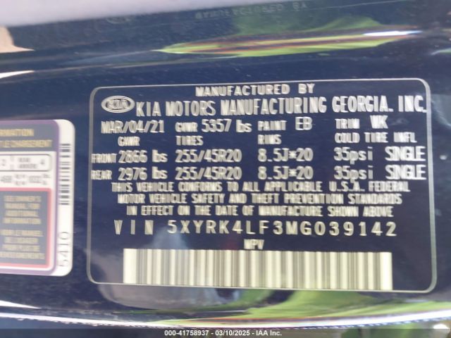 5XYRK4LF3MG039142 KIA Sorento Sx Prestige