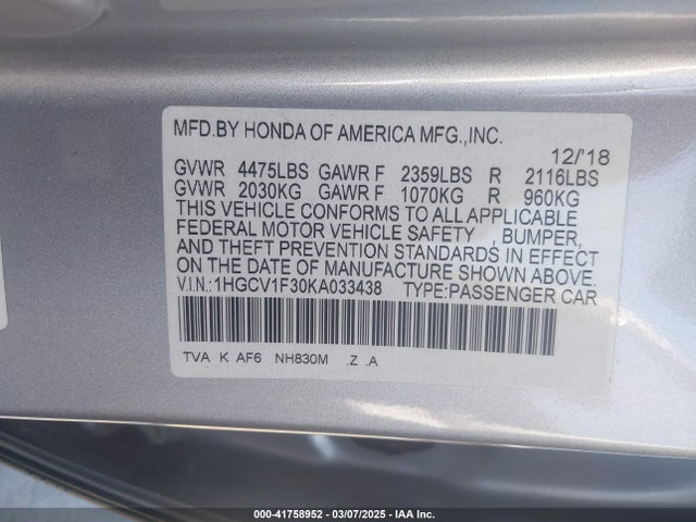 1HGCV1F30KA033438 Honda Accord Sport