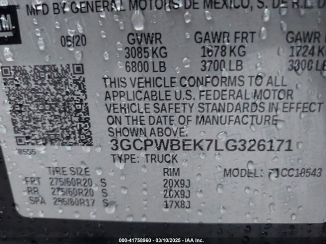 3GCPWBEK7LG326171 Chevrolet Silverado 1500 2wd  Short Bed Custom