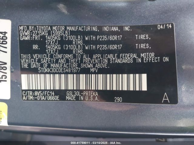 5TDKK3DC0ES481977 Toyota Sienna Le V6 8 Passenger