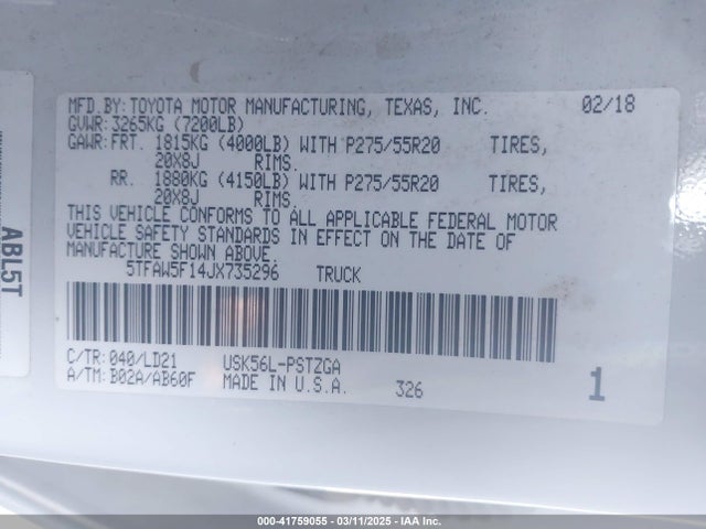 5TFAW5F14JX735296 Toyota 3ur-fbe