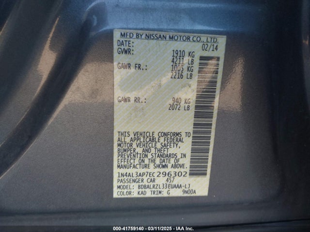 Nissan Altima 2.5 S 2014 1N4AL3AP7EC296302 Image 9