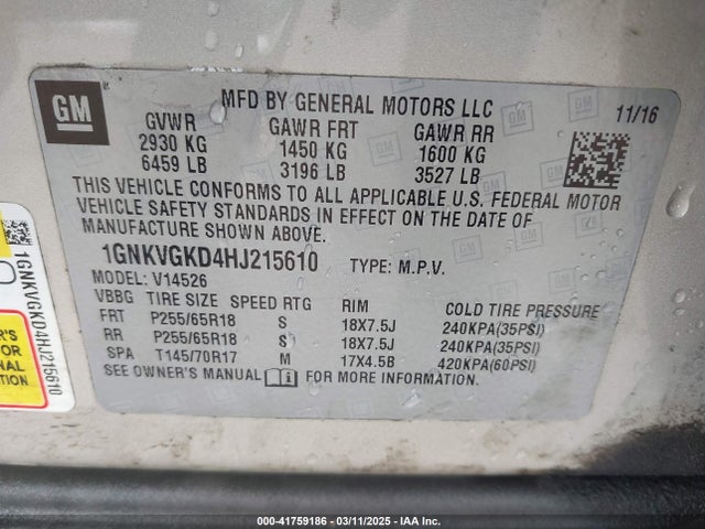 1GNKVGKD4HJ215610 Chevrolet llt - sidi: spark ignited direct injection, alum, 60 degrees