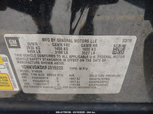 Chevrolet Traverse 1lt 2015 1GNKVGKD6FJ318203 Image 9
