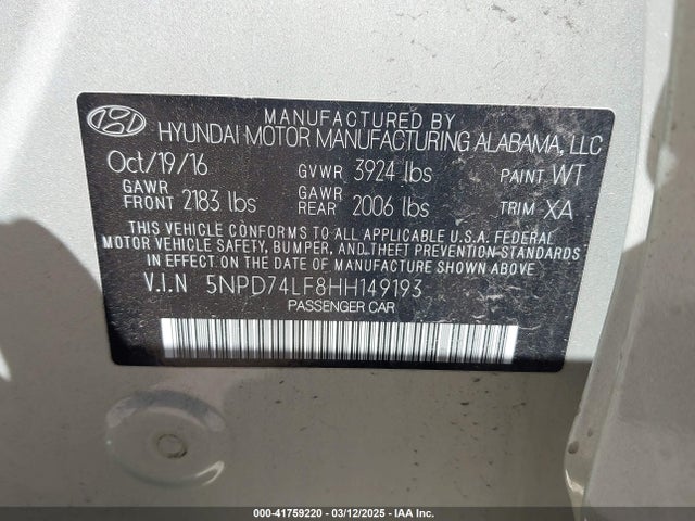 5NPD74LF8HH149193 Hyundai ELANTRA SE