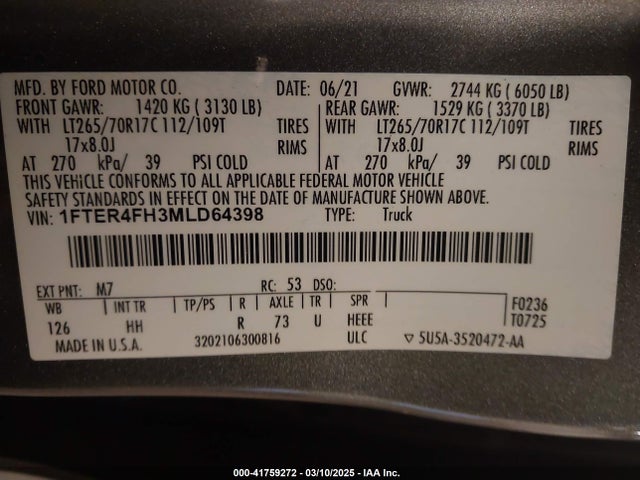 1FTER4FH3MLD64398 Ford Ranger Lariat