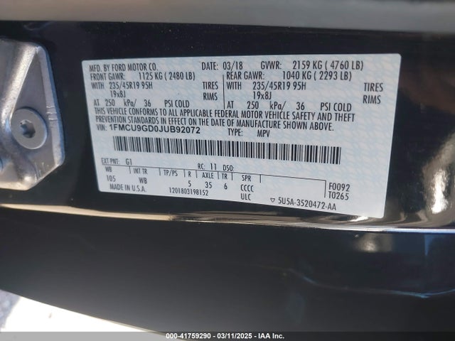 Ford ESCAPE SE 2018 1FMCU9GD0JUB92072 Image 9