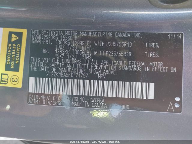 2T2ZK1BA5FC174797 Lexus RX 350
