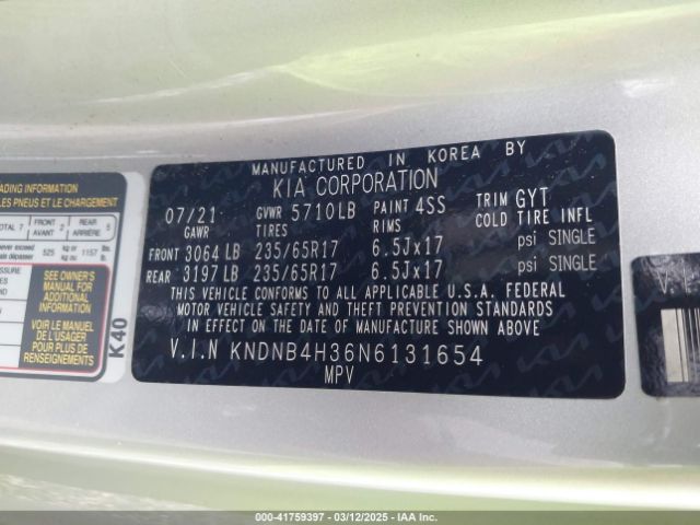 KNDNB4H36N6131654 KIA Carnival Mpv Lx