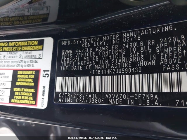 4T1B11HK2JU590130 Toyota CAMRY LE