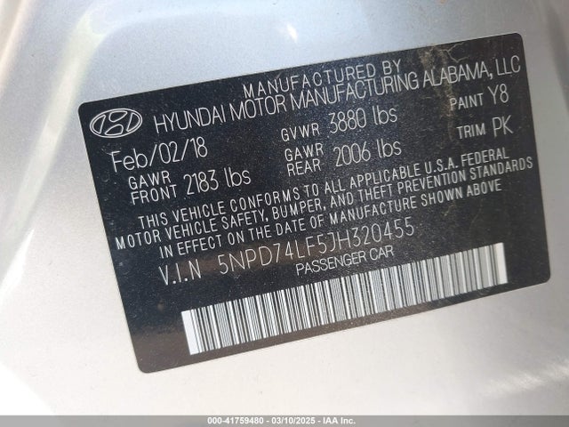 5NPD74LF5JH320455 Hyundai ELANTRA SE