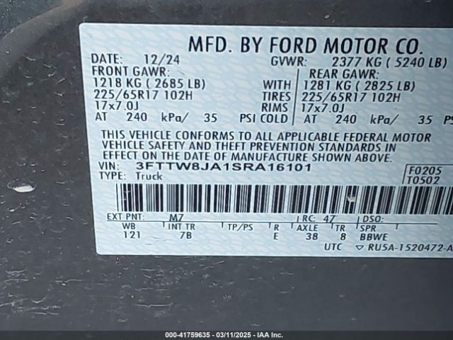 3FTTW8JA1SRA16101 Ford Maverick Xlt
