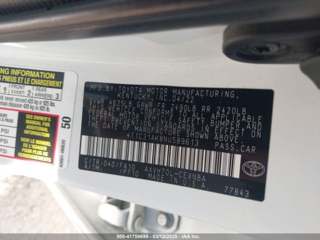 4T1C31AK8NU589613 Toyota Camry Le Hybrid