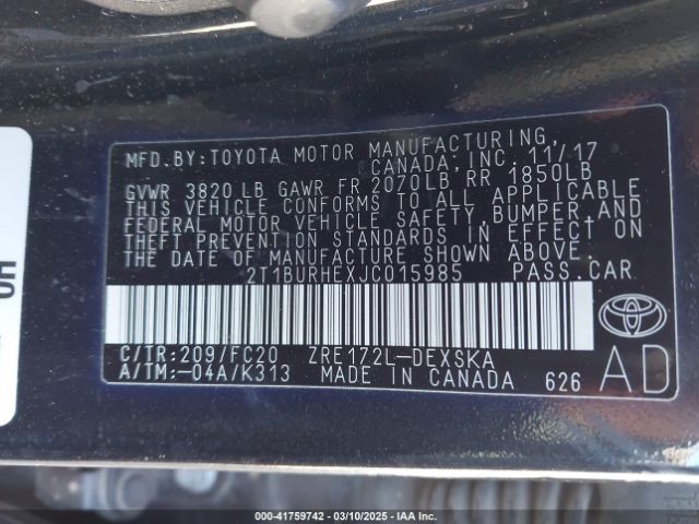 2T1BURHEXJC015985 Toyota COROLLA SE