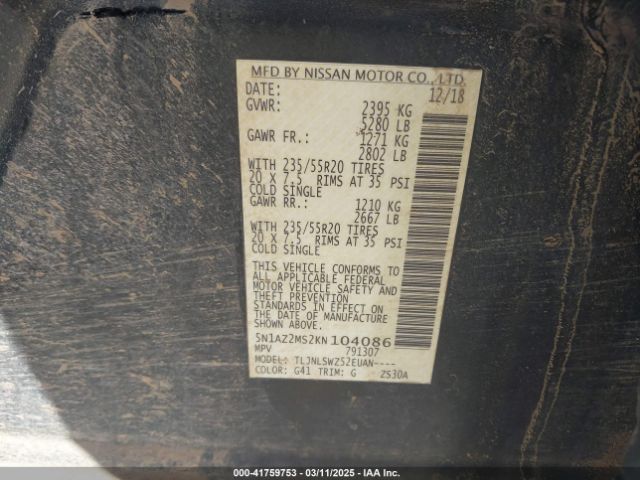 5N1AZ2MS2KN104086 Nissan Murano Platinum