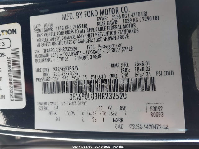 Ford Fusion Hybrid Se 2017 3FA6P0LU3HR232520 Image 9