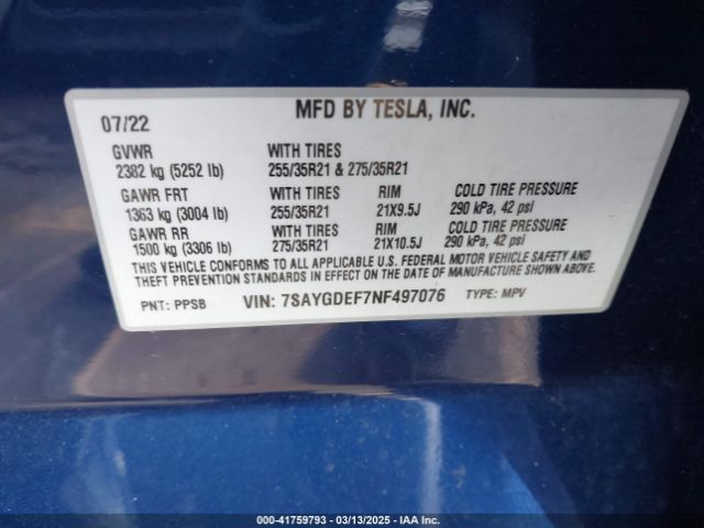 7SAYGDEF7NF497076 Tesla Model Y Performance Dual Motor All-wheel Drive