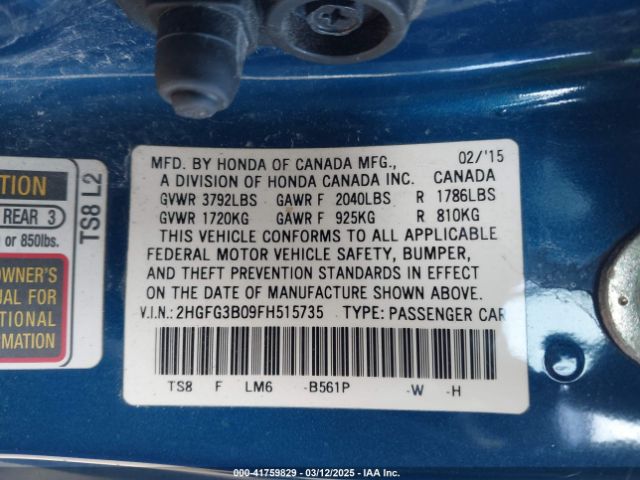 2HGFG3B09FH515735 Honda Civic Ex-l