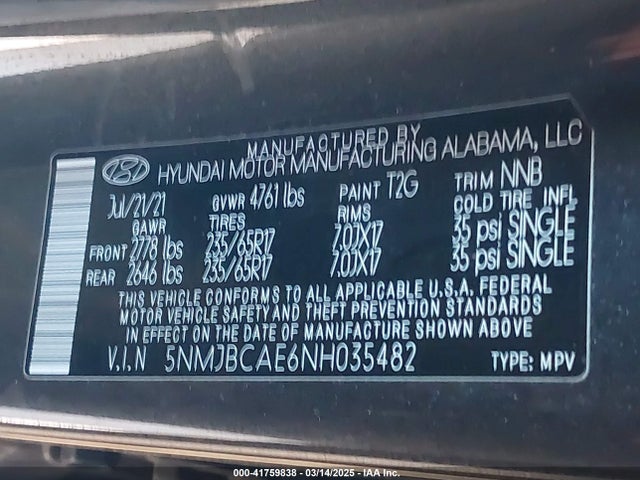 5NMJBCAE6NH035482 Hyundai TUCSON SEL