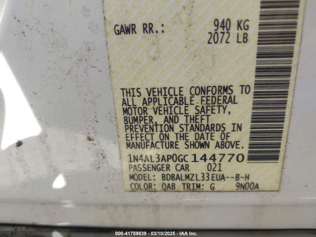 1N4AL3AP0GC144770 Nissan Altima 2.5 Sv