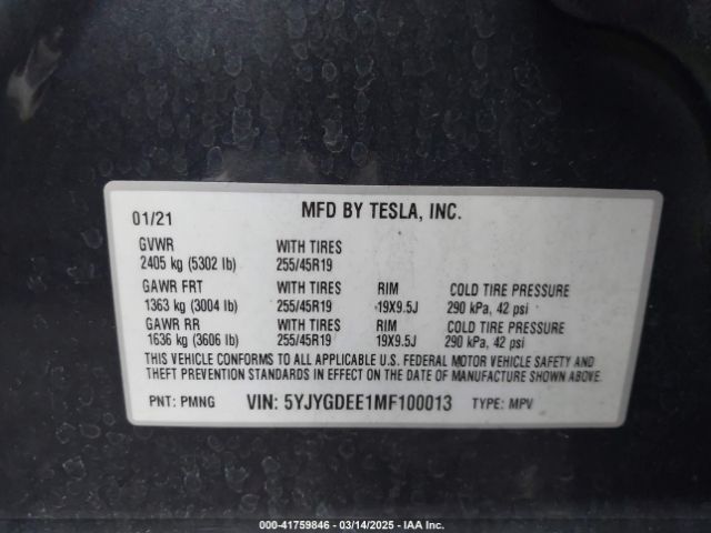 5YJYGDEE1MF100013 Tesla Model Y Long Range Dual Motor All-wheel Drive