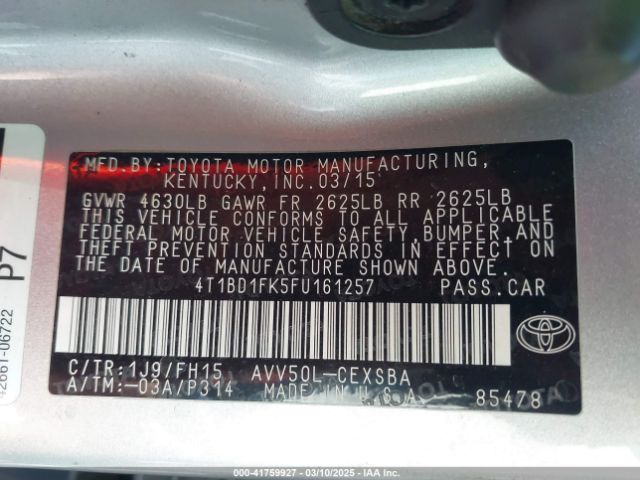 4T1BD1FK5FU161257 Toyota Camry Hybrid Se