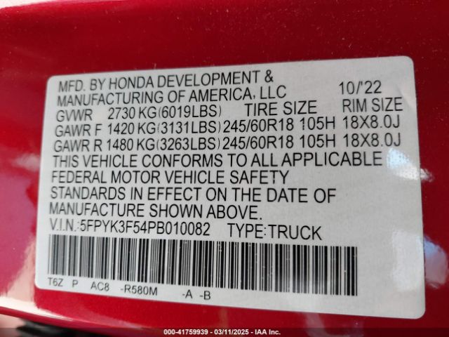 5FPYK3F54PB010082 Honda Ridgeline Rtl