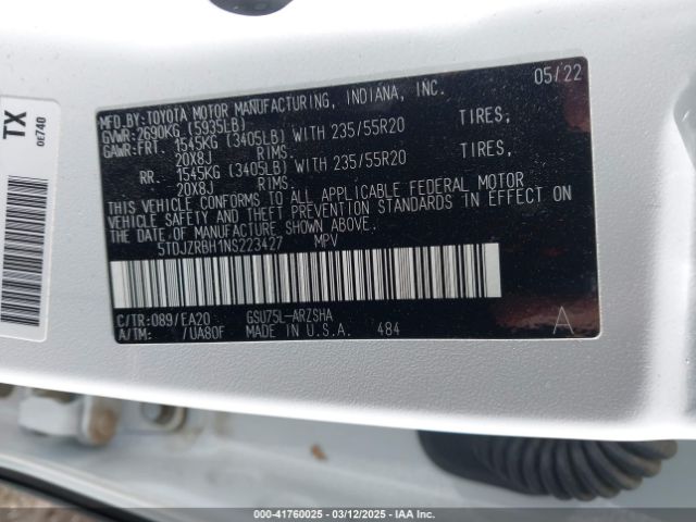 5TDJZRBH1NS223427 Toyota Highlander Xse