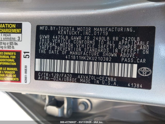 4T1B11HK2KU210382 Toyota CAMRY LE