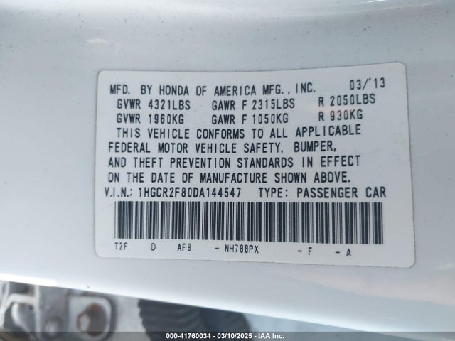 2013 Honda Accord Ex-l მანქანა იყიდება აუქციონზე, vin: 1HGCR2F80DA144547, აუქციონის ნომერი: 41760034