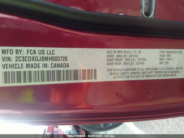 2C3CDXGJ8MH503726 Dodge Charger Scat Pack Rwd
