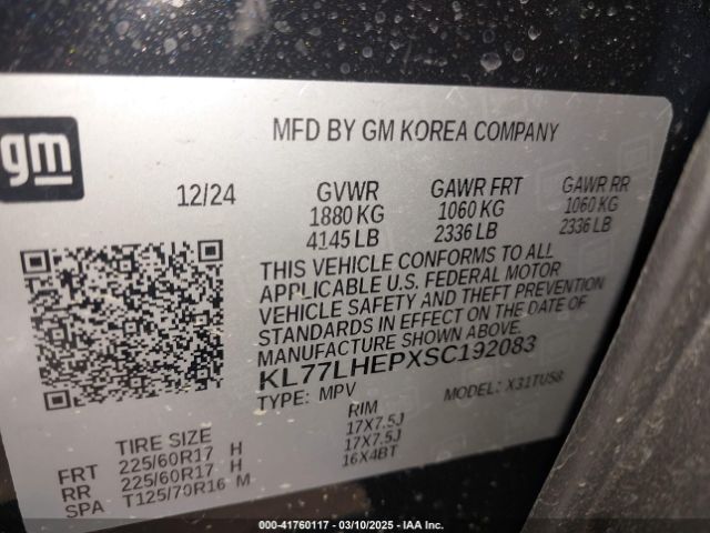 KL77LHEPXSC192083 Chevrolet Trax Fwd Lt