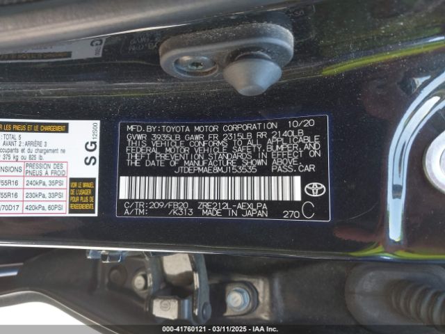 JTDEPMAE8MJ153535 Toyota COROLLA LE