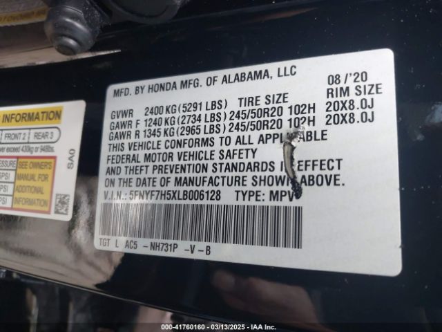 5FNYF7H5XLB006128 Honda Passport 2wd Ex-l
