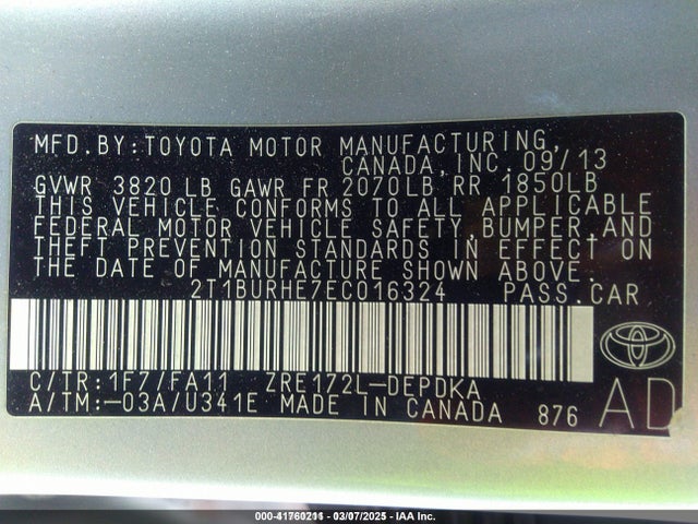 Toyota COROLLA L 2014 2T1BURHE7EC016324 Image 9