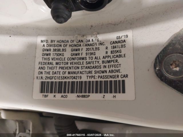 2HGFC1E53KH704219 Honda CIVIC SI