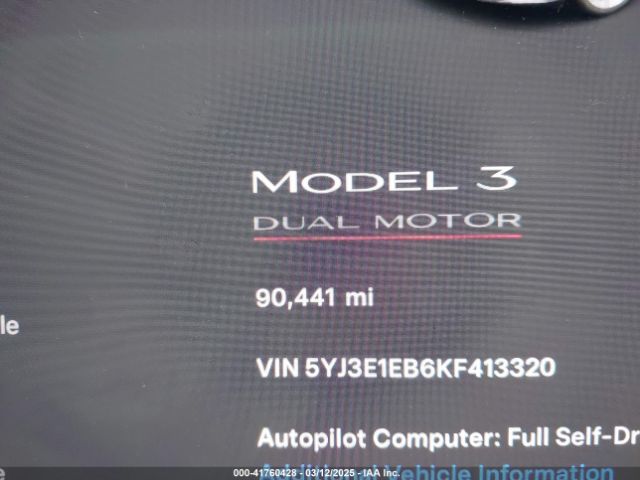 5YJ3E1EB6KF413320 Tesla Model 3 Long Range/performance
