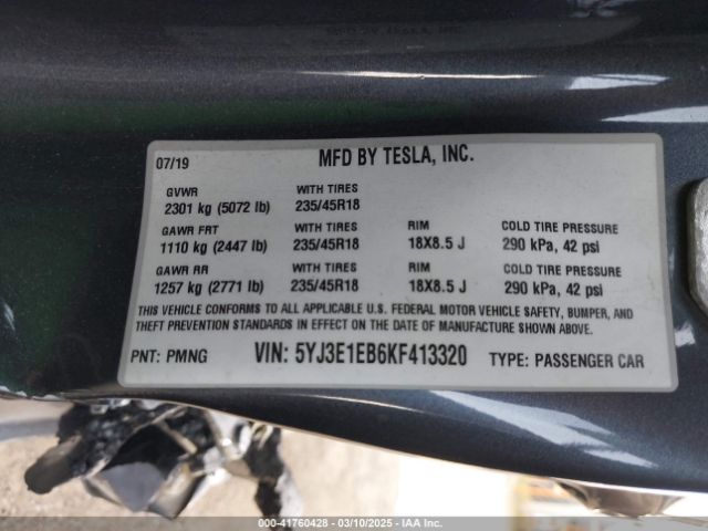 5YJ3E1EB6KF413320 Tesla Model 3 Long Range/performance